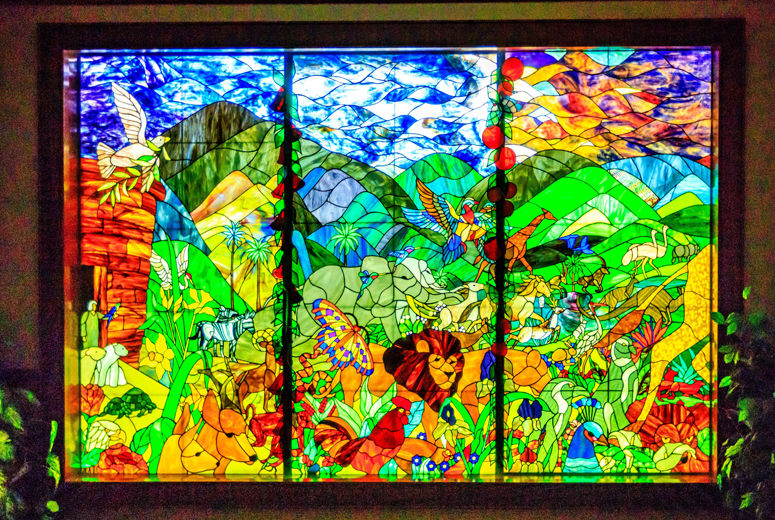 Stained glass mural of Noah's Ark