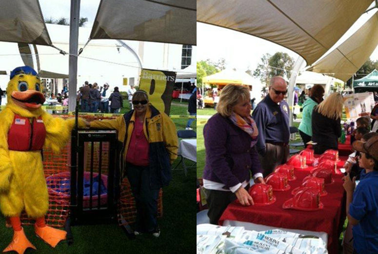 Two images of people at booths at an outdoor event